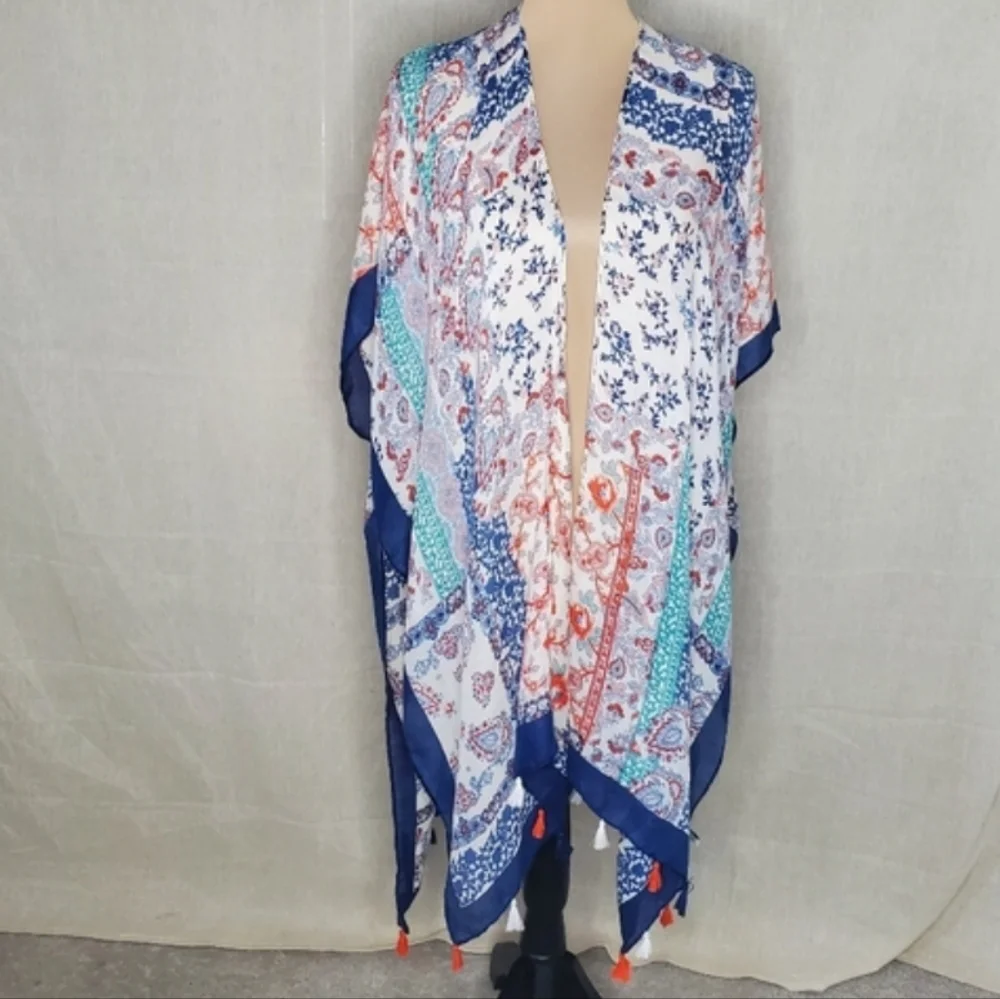♧ Open Patchwork Wrap with Tassels Blue Orange Teal & Cream One Size Viscose